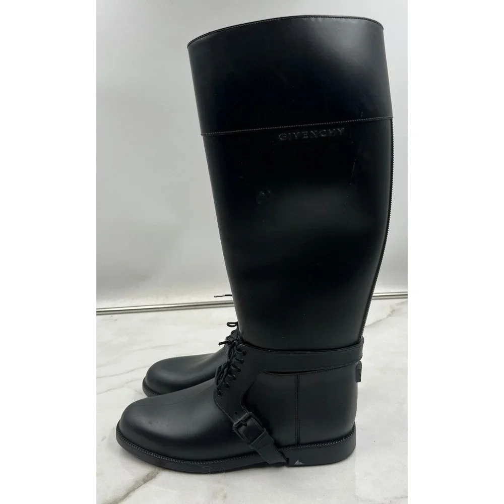 GIVENCHY Rain Boots Womens Sz 10 Tall Black Rubber Wellies Made in Italy Lace Up